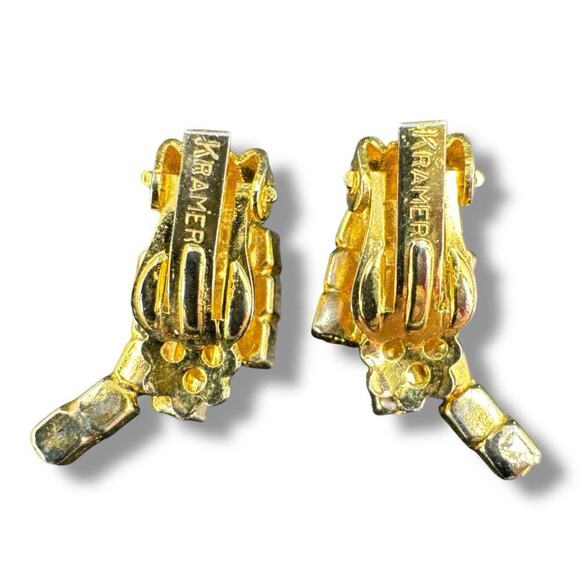 Vintage Kramer New York Red/White/Blue Rhinestone Gold Tone Clip Earrings - Picture 3 of 7